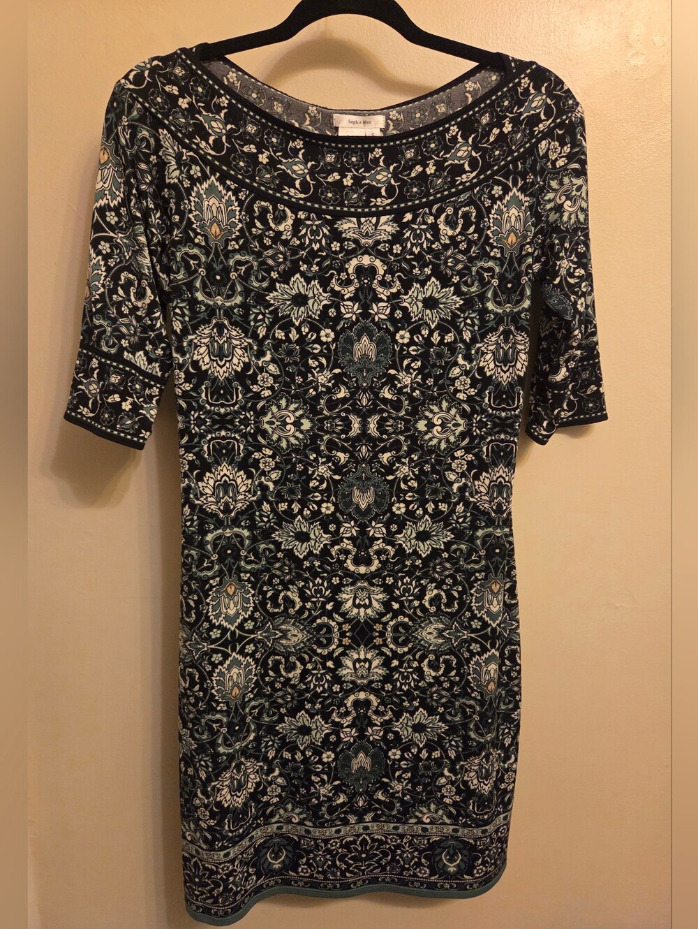Sophie Max Cottagecore Floral Sheath Dress S Sage Green Black Medallion Boho